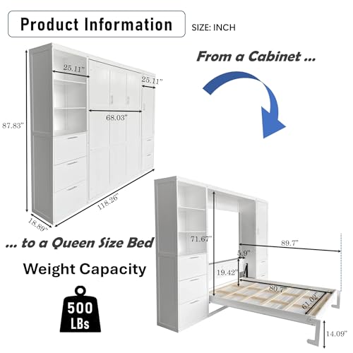 Queen Size Murphy Bed with Desk & Charging Station, White K505073