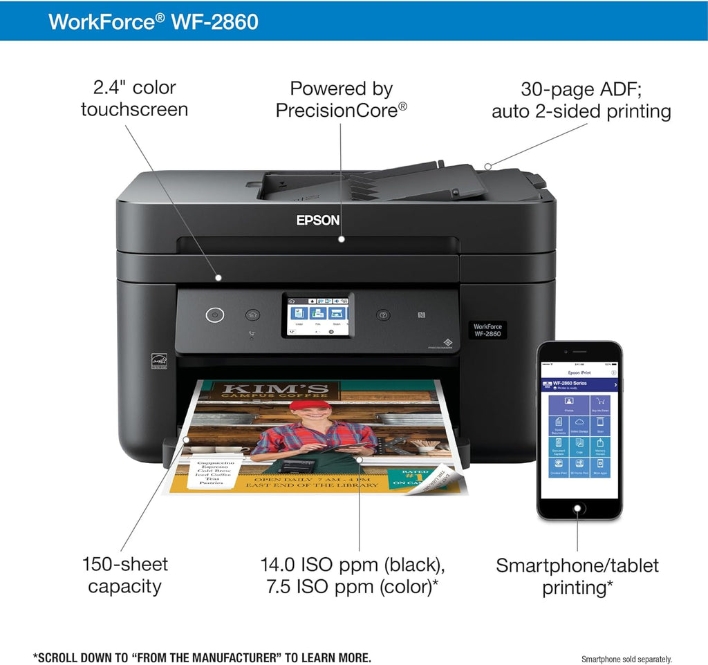 Epson Workforce WF-2860 All-in-One Wireless Color Printer with Scanner, Copier, Fax O35124