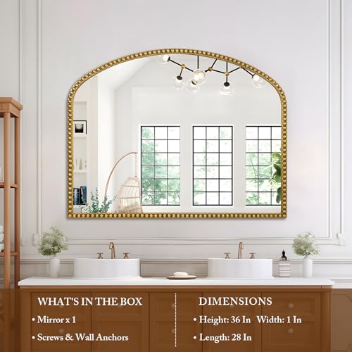 Large Arch Wall Mirror 28x36, Beaded Frame, Antique Gold Y282
