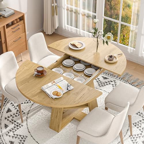 Extendable Round Dining Table for 4-8 with Removable Leaves, Wood Base, Walnut V742