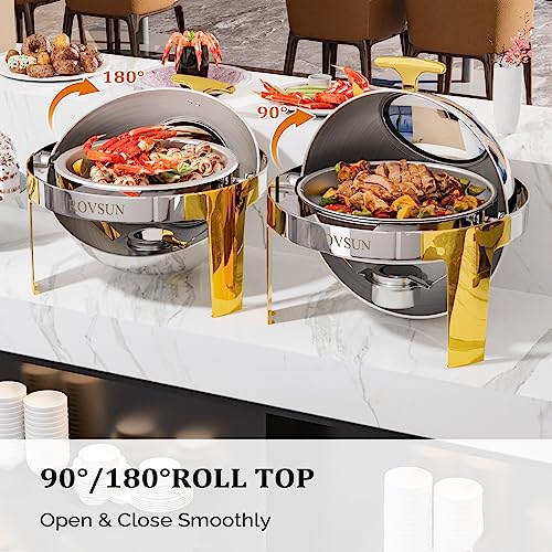 ROVSUN 3 Pack Roll Top Chafing Dish Buffet Set, 6 Quart Stainless Steel with Gold Accent U2654