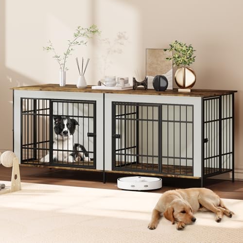Erinnyees 79" Double Dog Crate Furniture with Divider, Beige J694150