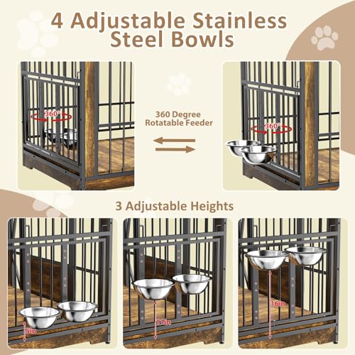 86 in Double Dog Crate Furniture with Divider, Heavy Duty Wooden Kennel for Large Dogs, Brown P52672