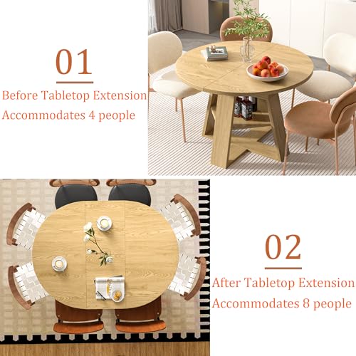 Extendable Round Dining Table for 4-8 with Removable Leaves, Wood Base, Walnut V742