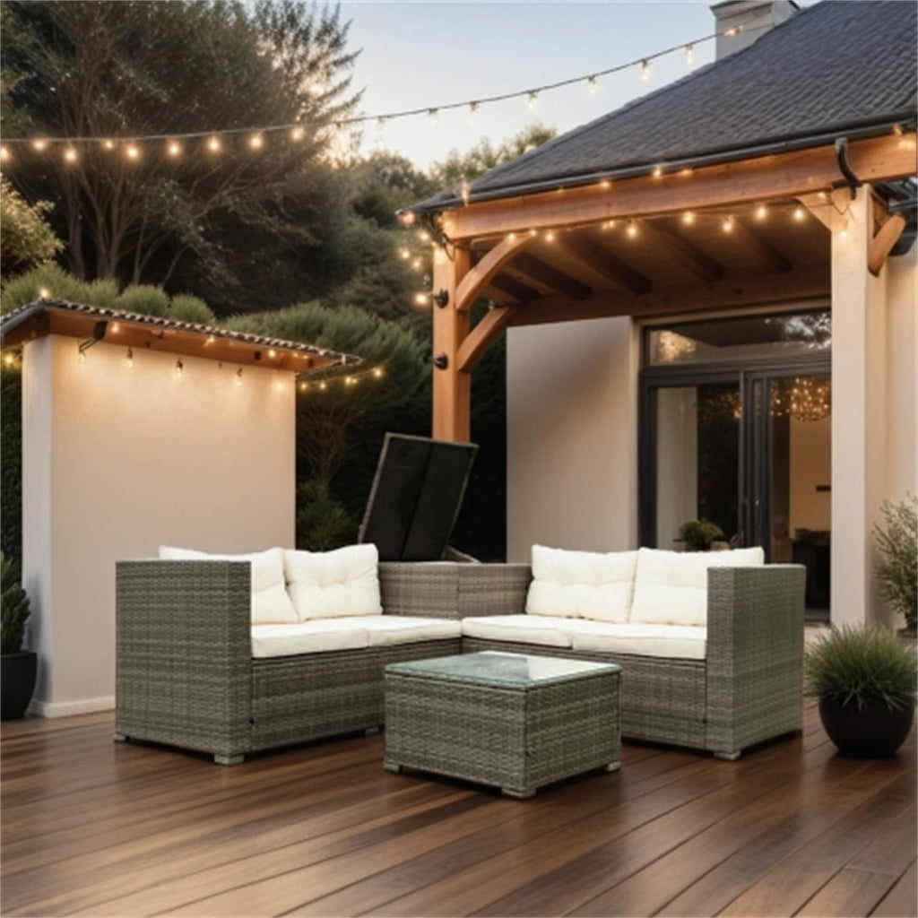 Grey 4-Piece Patio Wicker Rattan Sectional Sofa Set with Storage Box R300209
