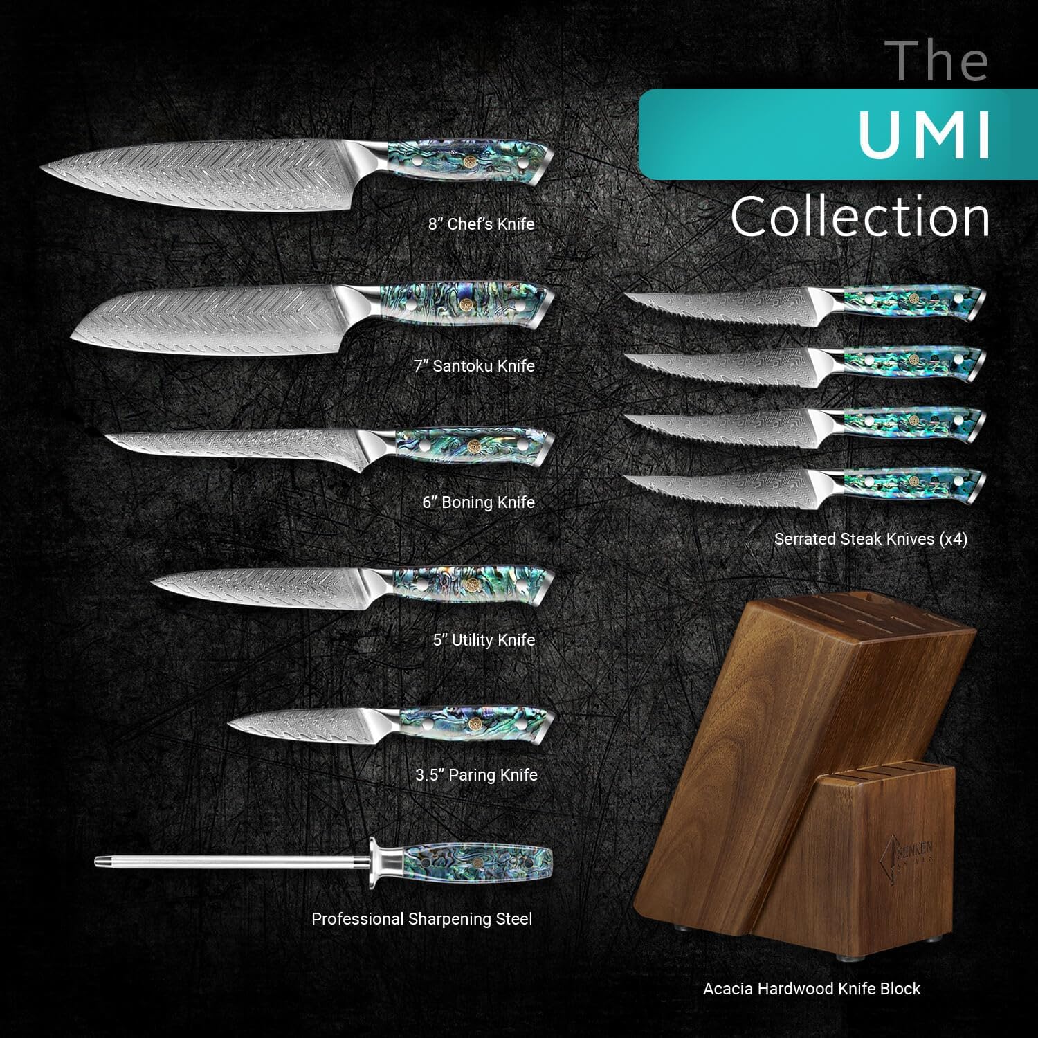 SENKEN 11-Piece Damascus Knife Block Set with Abalone Shell Handle, Japanese VG10 Steel T372