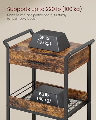 VASAGLE 4-Tier Rolling Utility Cart with Table Top, Lockable Casters, Rustic Brown and Ink Black L57262