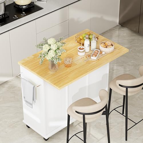 Shintenchi Kitchen Island with Drop Leaf, Rolling Cart with Storage, White T972