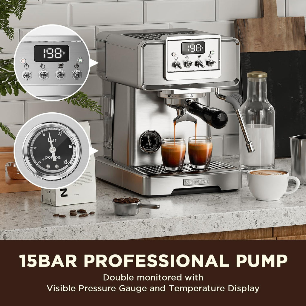 Neretva Espresso Machine, 15 Bar LCD Display, Stainless Steel with Milk Frother L295313