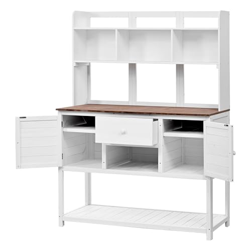 Outdoor Wooden Potting Bench Table with Drawers and Storage Shelves C672480