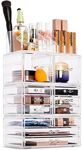 Sorbus Large Makeup Organizer - Clear Stackable 12 Drawer Cosmetic Storage with Brush Holder W163