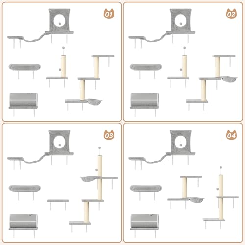NUNU LAB Wall Mounted Cat Furniture, 7 Pcs Cat Wall Shelves with House, Gray T582052