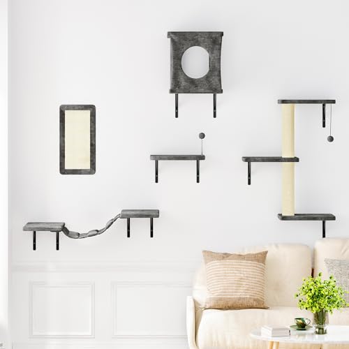 NUNU LAB Wall Mounted Cat Furniture, 7 Pcs Cat Wall Shelves with House, Gray T582052