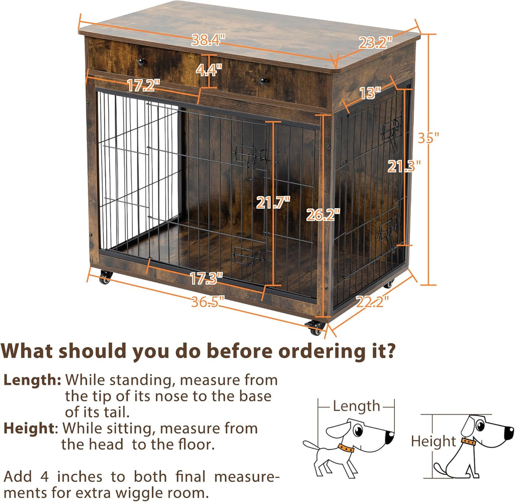 Yehha Cabinet Crate Furniture with Storage Drawer and Wheels, Wooden Dog Kennel, Brown D49834