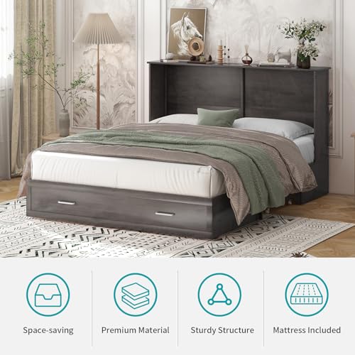 BALUS Murphy Cabinet Bed Queen with Charging Station, Tri-fold Memory Mattress, Storage Drawers, White Y6917