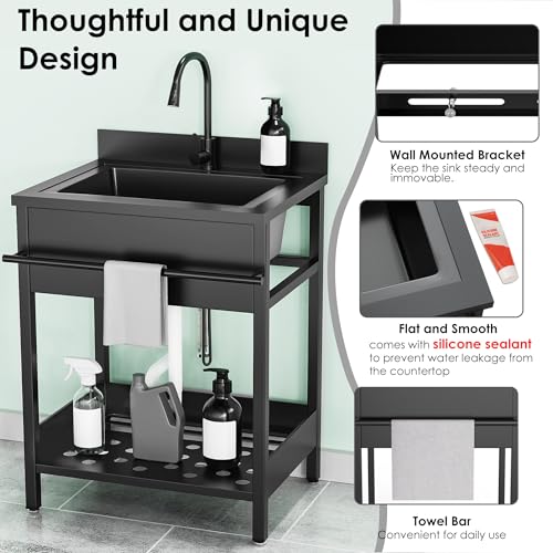 26 Inch Utility Sink, 304 Stainless Steel Free Standing with Pull-out Faucet B946