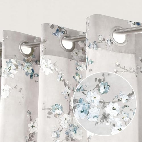 DriftAway Floral Pencil Sketch Blackout Curtains 2 Panels 52x84 Inch Gray White H115
