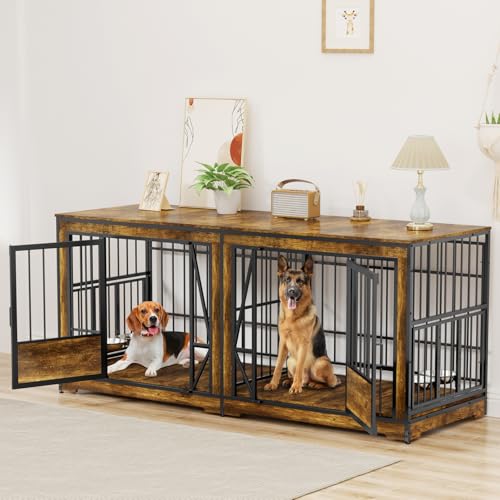 86 in Double Dog Crate Furniture with Divider, Heavy Duty Wooden Kennel for Large Dogs, Brown P52672