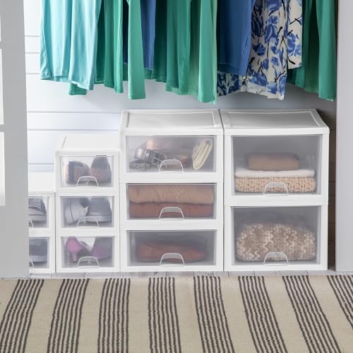 Sterilite 4-Pack 27 Quart Stacking Drawer, Clear Storage Organizer with White Frame M965