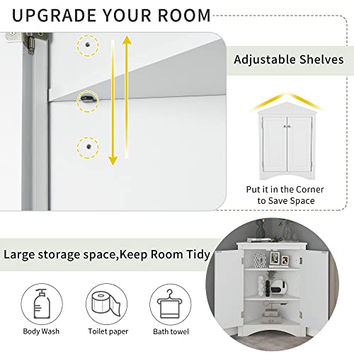 Corner Storage Cabinet, Wood Triangle Bathroom Cabinet with Adjustable Shelves, Grey G100663