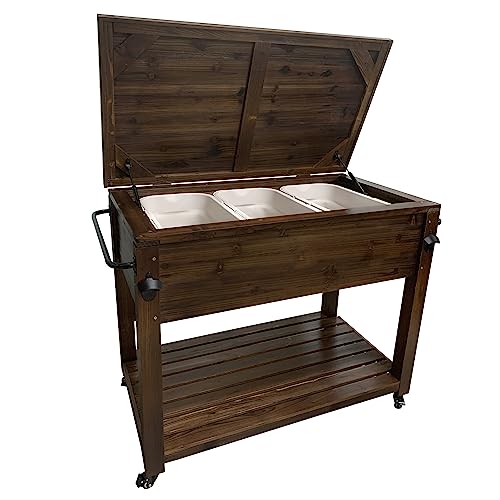 Wooden Patio Cooler with Wheels, Handles and Bottle Opener, Ice Chest with Shelf, Portable Beverage Drink Rolling Cart for Outdoor, Backyard, Garden, Deck, 100-Quart