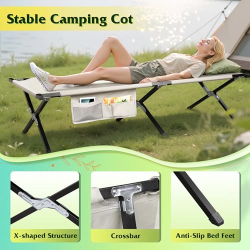 WLIVE Military Camping Cot, Portable Folding Cot with Carry Bag, Supports 300 Lbs, Silver Greige R758042