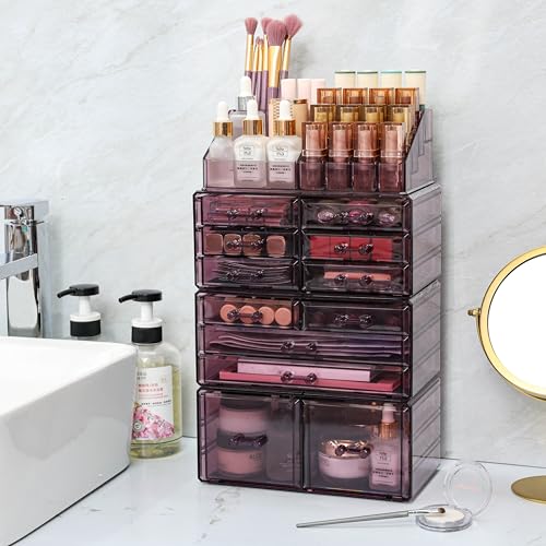 Cq Acrylic Makeup Organizer Large Clear Cosmetic Storage Box with 11 Drawers, Set of 4 Y4364