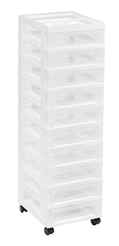 IRIS USA Plastic 10-Drawer Rolling Storage Cart with Wheels, White/Clear Y592371