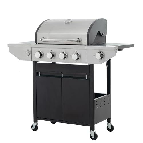 4 Burner Gas Grill with Side Burner, Stainless Steel Propane Grill 46700 BTU Output, Gas BBQ Grill Built in Thermometer, Cabinet Style, Ideal For Outdoor Patio Garden Picnic Backyard Cooking