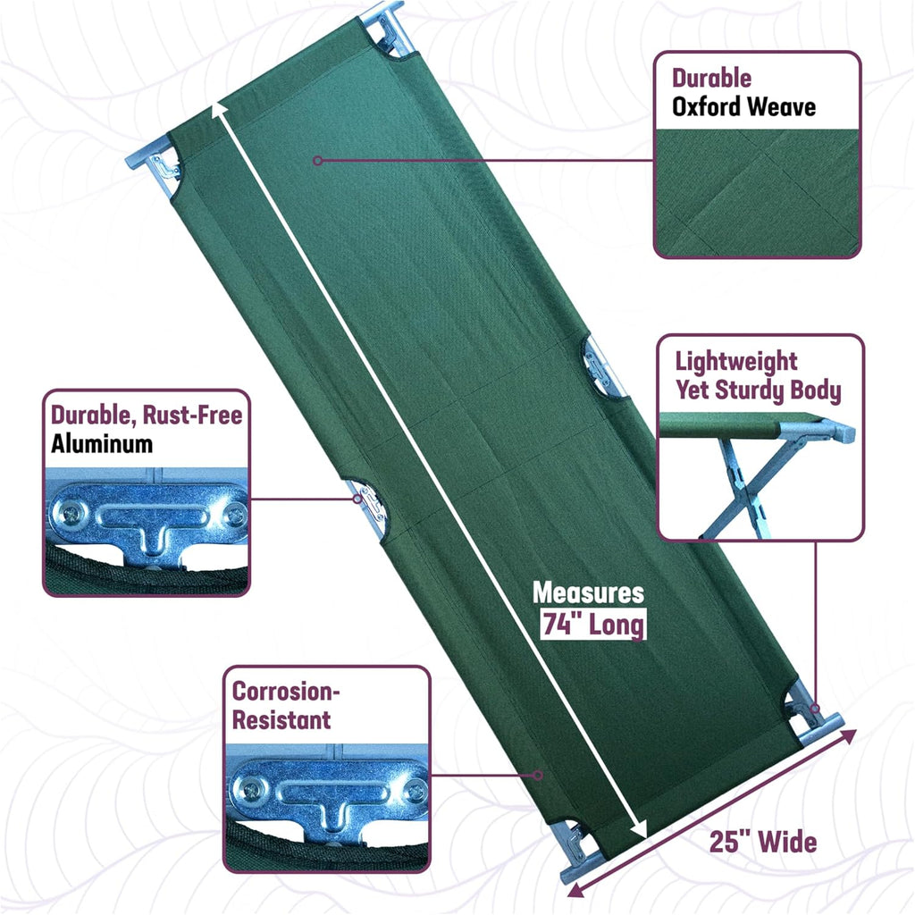 Kemp USA Green Military-Style Camping Bed, Lightweight Aluminum Cot for Adults, Foldable, Holds 250 LBS M118251