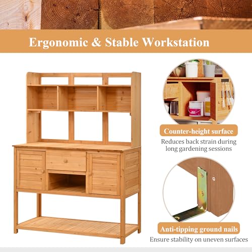 Outdoor Wooden Potting Bench Table with Drawers and Storage Shelves C672480