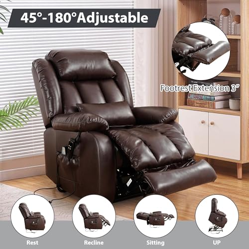 EDILLY Genuine Leather Power Lift Recliner Chair with Massage and Heating, Brown C901