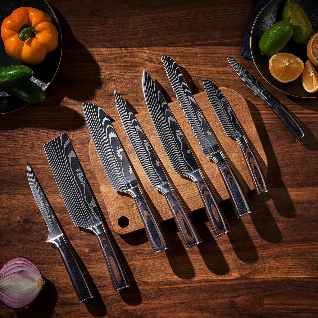 SENKEN 8-Piece Japanese Kitchen Knife Set with Damascus Pattern L817050
