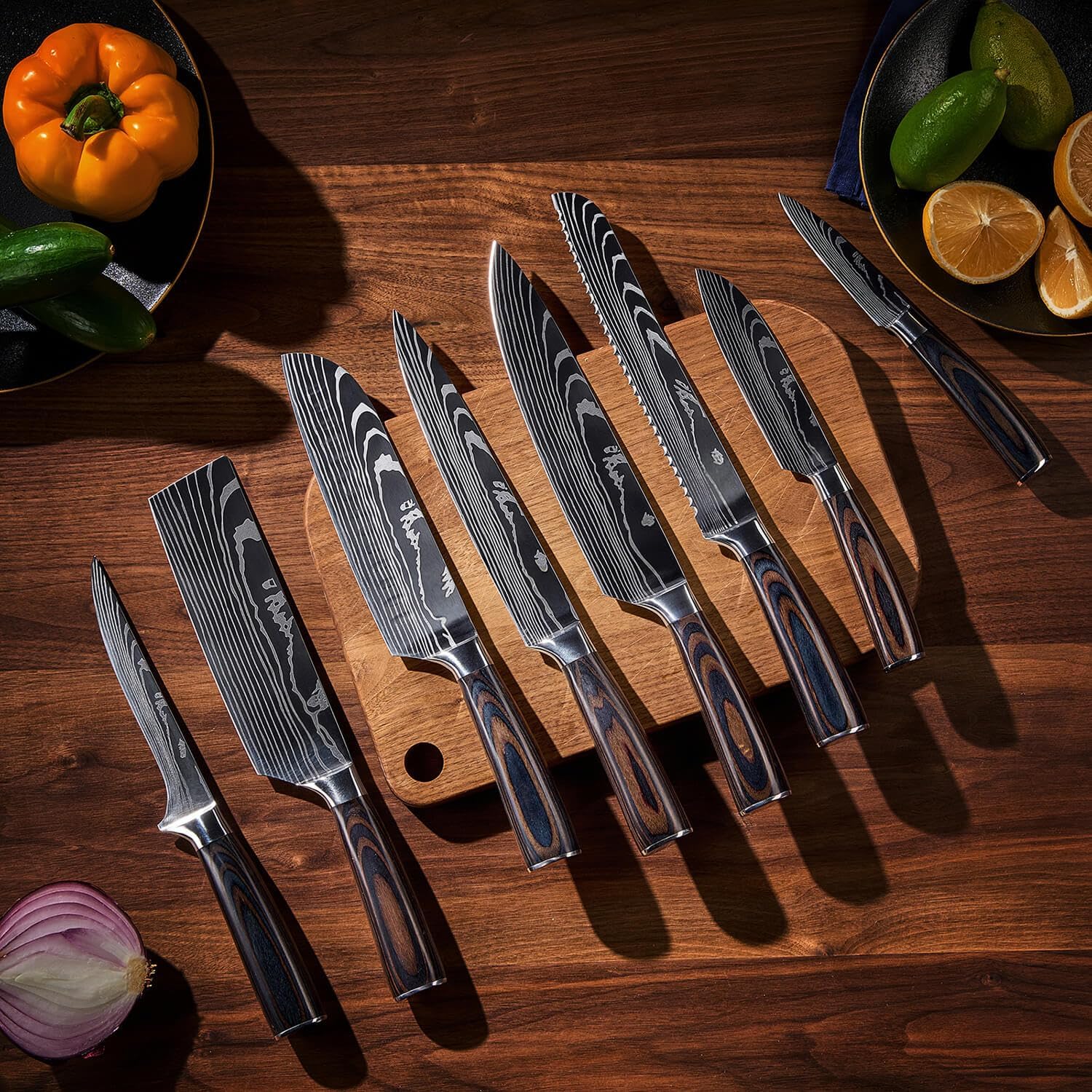 SENKEN 8-Piece Japanese Kitchen Knife Set with Damascus Pattern L817050