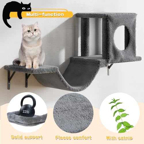 NUNU LAB Wall Mounted Cat Furniture, 7 Pcs Cat Wall Shelves with House, Gray T582052