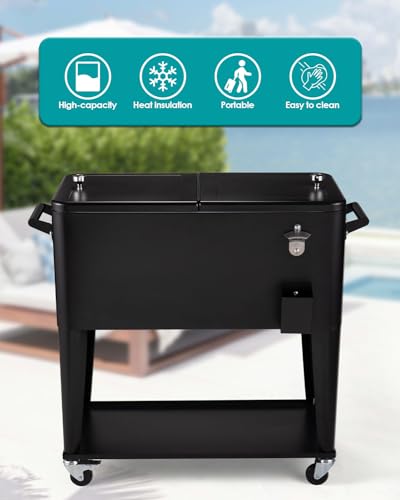 80 Quart Rolling Cooler Cart with Wheels and Bottle Opener C399943