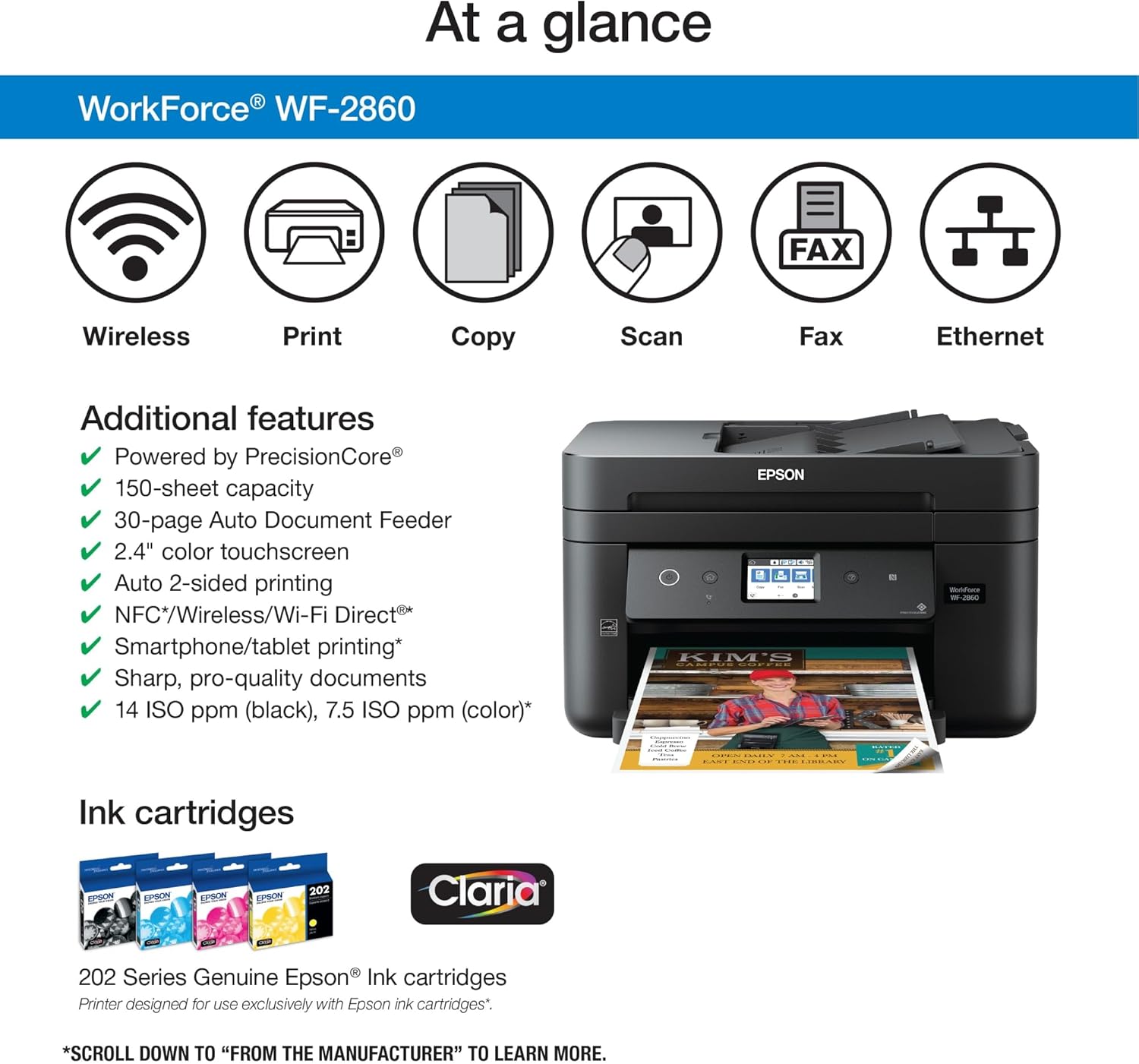 Epson Workforce WF-2860 All-in-One Wireless Color Printer with Scanner, Copier, Fax O35124