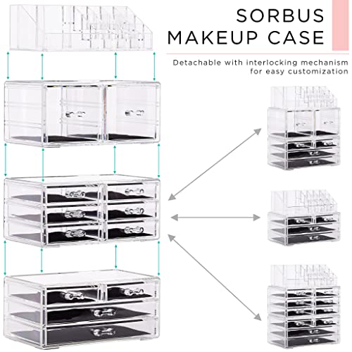 Sorbus Large Makeup Organizer - Clear Stackable 12 Drawer Cosmetic Storage with Brush Holder W163