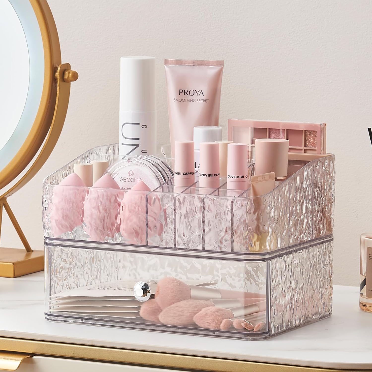 SUNFICON Makeup Organizer Stackable Cosmetic Tray Set with Drawer Storage N490