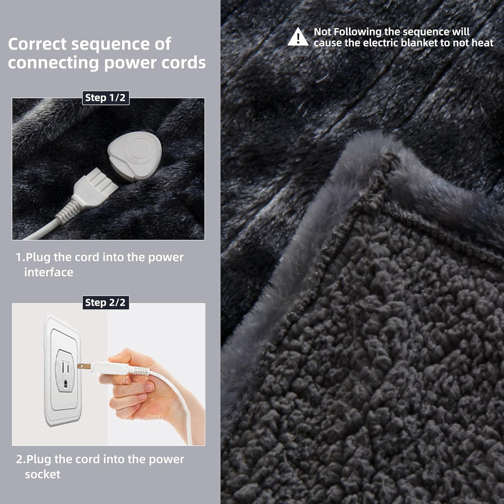 Heavyweight Heated Blanket Electric Throw with Sherpa Faux Fur, 50x62in, Black A43137