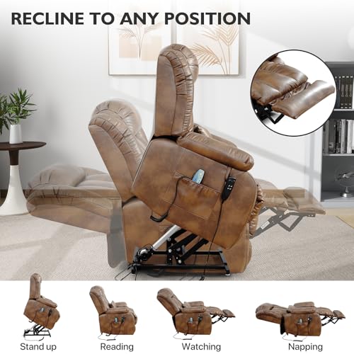 EDILLY Genuine Leather Power Lift Recliner Chair with Massage and Heating, Brown C901