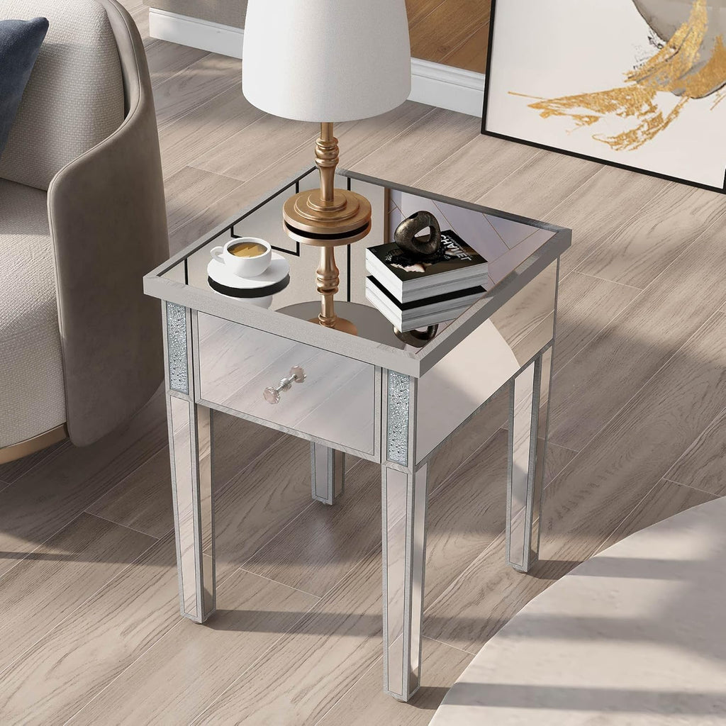 Modern Glass Mirrored End Table with Drawer, Silver V735