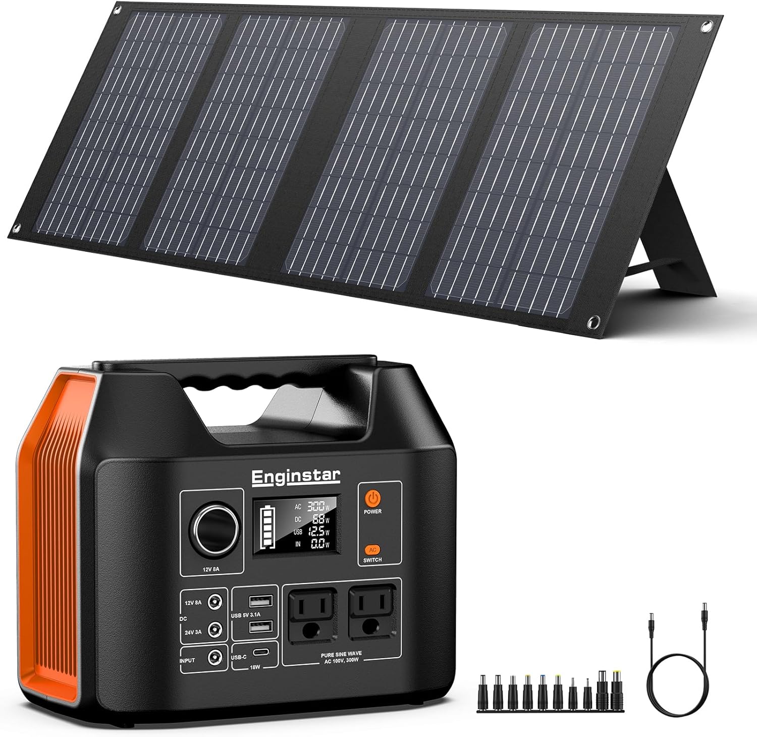 Portable Solar Generator, 300W Portable Power Station with Foldable 40W Solar Panel, 110V Pure Sine Wave, 296Wh 80000mAh Lithium Battery Pack with DC AC Outlet for Home Use RV Outdoor Camping