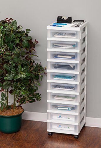 IRIS USA Plastic 10-Drawer Rolling Storage Cart with Wheels, White/Clear Y592371