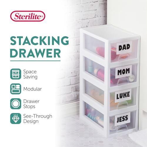 Sterilite 4-Pack 27 Quart Stacking Drawer, Clear Storage Organizer with White Frame M965