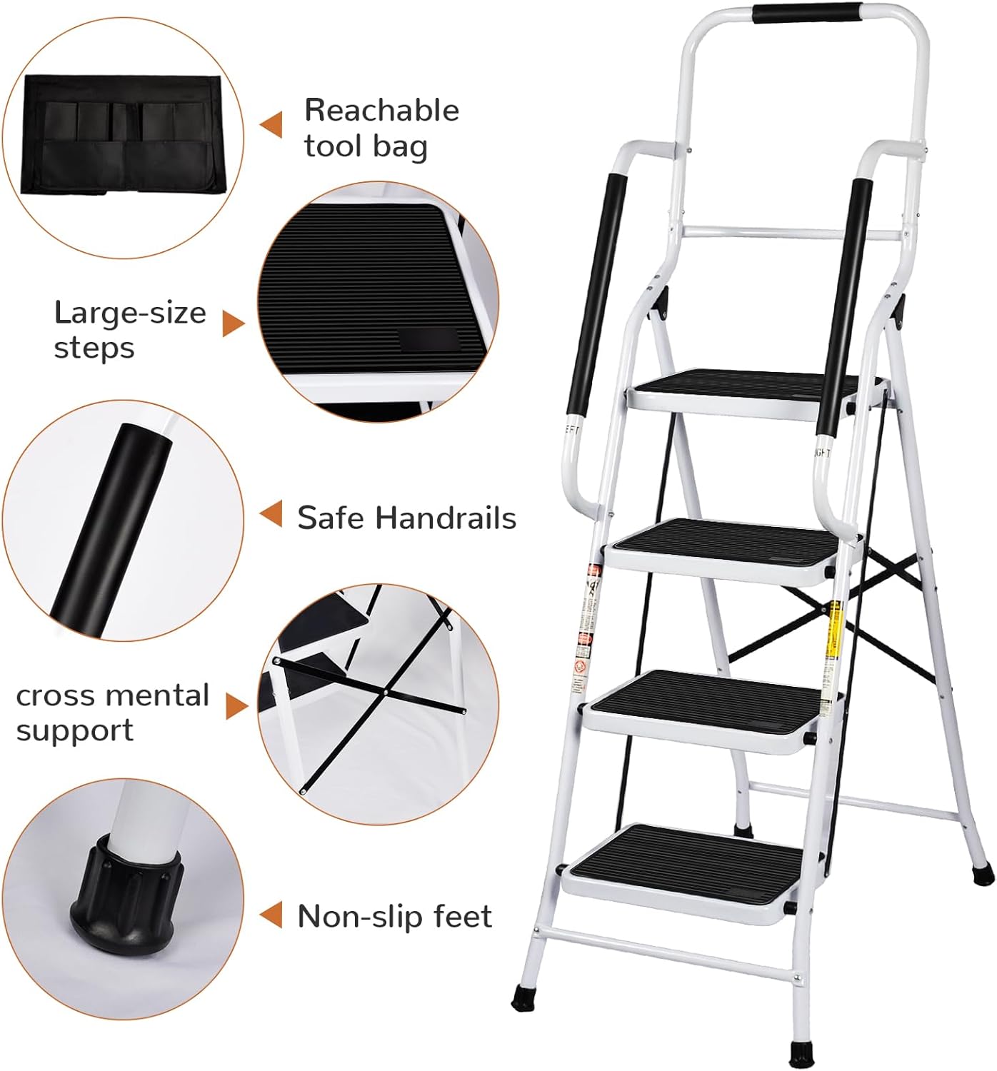 4 Step Ladder with Handrails and Tool Bag, 300 lb Capacity, White Q690818