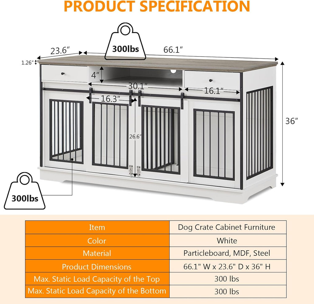 3-in-1 66.1 Inch Double Dog Crate Furniture for Large Dogs, White F911