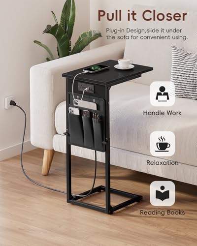 Vagusicc C Shaped End Table with Charging Station, Adjustable Height, Brown C747005