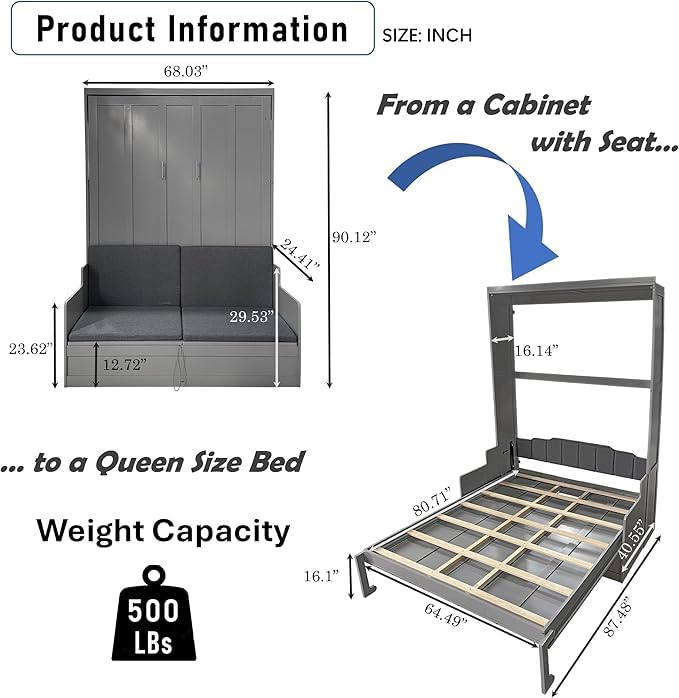 Queen Size Murphy Bed with Desk & Charging Station, White K505073