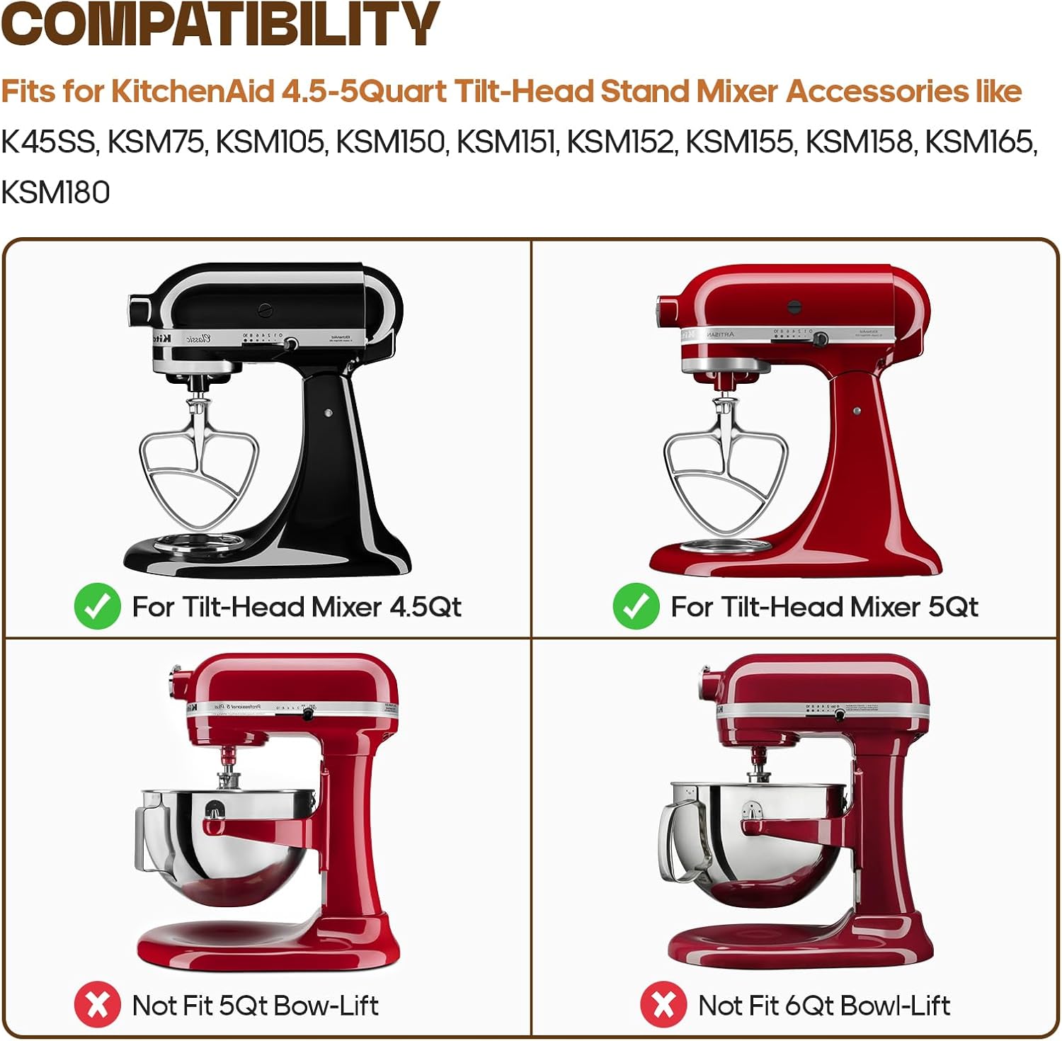 Stainless Steel Flat Beater for KitchenAid Stand Mixer, 4.5-5Qt Tilt-Head Q5884